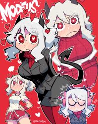 Rule 34 | 1girl, :&lt;, = =, absurdres, alternate costume, alternate hairstyle, black horns, black jacket, black tail, blazer, blush, breasts, demon tail, dress, english text, eyebrows, closed eyes, gym uniform, headphones, heart, heart-shaped pupils, helltaker, highres, horns, jacket, large breasts, long hair, looking at viewer, modeus (helltaker), multiple views, musical note, ponytail, rariatto (ganguri), red background, red eyes, red legwear, red shorts, red sweater, ribbed sweater, shirt, shorts, sweater, sweater dress, symbol-shaped pupils, tail, thighs, twitter username, white hair, white shirt