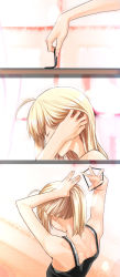 Rule 34 | 1girl, adjusting hair, ahoge, artoria pendragon (all), artoria pendragon (fate), bare shoulders, blonde hair, closed eyes, fate/stay night, fate (series), hair tie, hand in own hair, nazo kichi, ponytail, saber (fate), solo