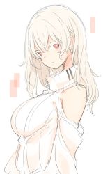 Rule 34 | 1girl, bare shoulders, blonde hair, blush, breasts, closed mouth, clothing cutout, commentary request, from side, hair between eyes, large breasts, long hair, long sleeves, looking at viewer, looking to the side, original, otokuyou, red eyes, shoulder cutout, sketch, solo, sweater, upper body, white background