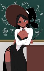 Rule 34 | 1girl, black dress, black eyes, black hair, black hat, breasts, chalkboard, check copyright, cleavage, copyright request, counter, cowboy shot, cross-laced clothes, crossed arms, dark-skinned female, dark skin, dress, earrings, grey thighhighs, grin, harrymiao, hat, highres, holding, holding pointer, holding wand, jewelry, leaning to the side, long hair, long sleeves, looking at viewer, original, pearl earrings, pentagram, pointer, self hug, shrug (clothing), side-tie dress, side slit, smile, solo, teacher, thighhighs, wand, wide sleeves, witch, witch hat
