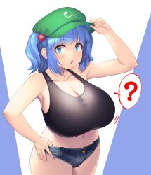 1girl ? adjusting_clothes adjusting_headwear alternate_costume black_tank_top blue_eyes blue_hair blue_shorts blush breasts cabbie_hat cleavage commentary_request cowboy_shot denim denim_shorts expressionless green_hat hair_bobbles hair_ornament hat highres huge_breasts kawashiro_nitori looking_at_viewer medium_hair micro_shorts navel open_mouth shorts solo speech_bubble spoken_question_mark tank_top tarmo thumb_in_beltline touhou two-tone_background two_side_up