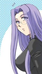 Rule 34 | 1girl, b-river, breasts, fate/hollow ataraxia, fate (series), glasses, large breasts, looking at viewer, looking back, medusa (fate), medusa (rider) (fate), official alternate costume, open mouth, polka dot, purple eyes, purple hair, solo, square pupils, surprised, sweater, turtleneck