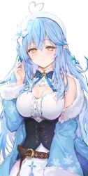 Rule 34 | 1girl, ahoge, bare shoulders, belt, beret, blue hair, blue nails, blush, breasts, corset, elf, flower, fur trim, hair between eyes, hair flower, hair ornament, half updo, hand up, haoni, hat, highres, hololive, large breasts, long hair, looking at viewer, nail polish, pointy ears, smile, solo, virtual youtuber, yellow eyes, yukihana lamy