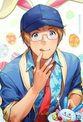 Rule 34 | 1boy, :p, ahoge, america (hetalia), animal ears, artist name, axis powers hetalia, baseball cap, blonde hair, blue eyes, blue headwear, blue jacket, blue shirt, easter egg, egg, fake animal ears, floral print, food, food on face, fork, glasses, hat, jacket, licking lips, light blush, looking at viewer, male focus, mochi, mochimerica (hetalia), necktie, print shirt, red necktie, shirt, sleeves rolled up, smile, to@st, tongue, tongue out