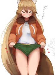 Rule 34 | 1girl, absurdres, animal ears, blonde hair, blush, brown hair, commentary request, extra ears, ezo red fox (kemono friends), fox ears, fox girl, fox tail, fur collar, gakukuru, green shorts, gym shirt, hair between eyes, highres, jacket, kemono friends, long hair, long sleeves, looking at viewer, multicolored hair, official alternate costume, panties, parted lips, pink panties, shirt, short shorts, shorts, simple background, solo, tail, translation request, underwear, very long hair, white background, yellow eyes