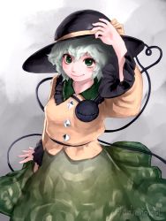 Rule 34 | 1girl, arm up, black hat, blush, closed mouth, collared shirt, commentary request, cowboy shot, envenomist (gengoroumaru), eyeball, frilled shirt collar, frilled sleeves, frills, green eyes, green hair, green skirt, grey background, hair between eyes, hand on headwear, hat, hat ribbon, heart, heart of string, highres, komeiji koishi, long sleeves, looking at viewer, one eye closed, open hand, outstretched hand, ribbon, shirt, sidelocks, skirt, smile, solo, string, third eye, touhou, twitter username, wavy hair, wide sleeves, yellow ribbon, yellow shirt