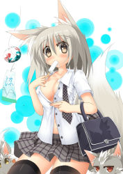 Rule 34 | 1girl, animal ears, bad id, bad pixiv id, breasts, dripping, food, grey eyes, grey hair, highres, looking at viewer, navel, no bra, open clothes, open shirt, original, plaid, plaid skirt, popsicle, shirt, skirt, solo, thighhighs, tinkvov, wind chime