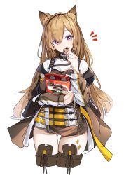 Rule 34 | 1girl, animal ears, arknights, bag, belt, brown eyes, brown hair, brown jacket, brown thighhighs, ceobe (arknights), cookie, cropped legs, dog ears, eating, food, gluteal fold, gu luco, highres, holding, jacket, long hair, long sleeves, looking at viewer, multiple belts, notice lines, off shoulder, open clothes, open jacket, plastic bag, shirt, simple background, skindentation, solo, thigh gap, thighhighs, thighs, white background, white shirt, zettai ryouiki