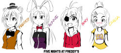 Rule 34 | 4girls, animal ears, antenna hair, bear ears, blush, bonnie (fnaf), bow, bowtie, character name, chica, clothes writing, collarbone, copyright name, detached collar, english text, expressionless, eyepatch, fangs, five nights at freddy&#039;s, fox ears, foxy (fnaf), freckles, freddy fazbear, gender request, genderswap, hair between eyes, hair ornament, hairclip, half updo, hat, high ponytail, highres, keramatzmode, long hair, long sleeves, multiple girls, open mouth, parted bangs, partially colored, personification, puffy short sleeves, puffy sleeves, rabbit ears, short hair, short ponytail, short sleeves, simple background, sleeveless, smile, tareme, upper body, vest, white background