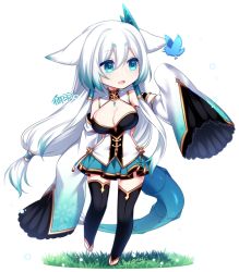 1girl, animal ears, bangs, bird, blue eyes, breasts, dated, detached sleeves, dragon tail, ears down, eyebrows visible through hair, fox ears, hair between eyes, hair tubes, horns, konshin, large breasts, long hair, open mouth, original, pleated skirt, single horn, skirt, sleeves past wrists, solo, tail, thighhighs, white background, white hair