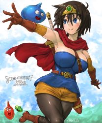 Rule 34 | 1girl, amania orz, armpits, blue eyes, breasts, character request, circlet, dragon quest, genderswap, gloves, highres, large breasts, pantyhose, short hair, slime (dragon quest), solo, sword, thick thighs, thighs, weapon