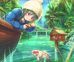 Rule 34 | 1girl, aiuabo, beanie, blue coat, blue nails, blush, boat, camera, coat, commentary request, day, fish, green hair, hat, koi, lily pad, long hair, long sleeves, mailbox (incoming mail), nail polish, original, outdoors, pond, red eyes, smile, stone building, taking picture, tree, watercraft, yellow hat