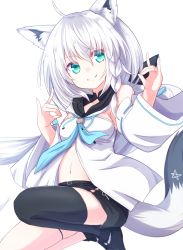 Rule 34 | 1girl, ahoge, animal ears, baram, bare shoulders, black footwear, black shorts, black thighhighs, blue neckwear, boots, braid, commentary request, detached sleeves, double fox shadow puppet, fox ears, fox girl, fox shadow puppet, fox tail, green eyes, grin, hair between eyes, hands up, highres, hololive, hood, hood down, long hair, long sleeves, looking at viewer, shirakami fubuki, shirakami fubuki (1st costume), shirt, short shorts, shorts, silver hair, simple background, single thighhigh, smile, solo, star (symbol), tail, thighhighs, very long hair, virtual youtuber, white background, white shirt, white sleeves, wide sleeves
