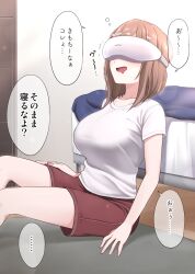 Rule 34 | ..., 1girl, bed, blush, breasts, brown hair, collarbone, commentary request, drooling, facing up, feet out of frame, head-mounted display, highres, ikari manatsu, indoors, kamihira mao, large breasts, medium hair, mouth drool, open mouth, original, red shorts, shirt, short sleeves, shorts, sitting, smile, solo, sound effects, speech bubble, spoken ellipsis, translated, white shirt