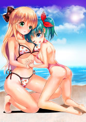 Rule 34 | 2girls, ;d, absurdres, ass, barefoot, beach, bikini, blonde hair, blue eyes, blush, breasts, cameltoe, casual one-piece swimsuit, cleavage, cloud, day, green eyes, green hair, hair ribbon, heart, heart print, highres, holding hands, interlocked fingers, large breasts, looking at viewer, multiple girls, one-piece swimsuit, one-piece thong, one eye closed, open mouth, original, outdoors, parted lips, ponytail, print bikini, print ribbon, ribbon, shiny skin, side-tie bikini bottom, sky, small breasts, smile, sun, swimsuit, thong, u julgi, wink