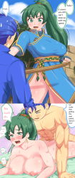 Rule 34 | 0.05, 1boy, 1girl, 2koma, absurdres, alternate breast size, blue hair, breasts, comic, defeat, english text, fire emblem, fire emblem: the blazing blade, from behind, fucked silly, green hair, hard-translated, hector (fire emblem), hetero, highres, instant loss, large breasts, lyn (fire emblem), lyndis (fire emblem), nintendo, nipples, nude, open mouth, pelvic curtain, ponytail, prone bone, saliva, sequential, sequential set, sex, sex from behind, smile, source request, sweat, sweatdrop, sword, third-party edit, translated, weapon, wooden sword