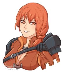 Rule 34 | 1girl, armor, artist name, braid, breasts, cleavage, commentary, commission, english commentary, female focus, fire emblem, fire emblem: three houses, hair between eyes, highres, leonie pinelli, looking at viewer, matching hair/eyes, medium breasts, nintendo, orange eyes, orange hair, parted lips, shoulder armor, sierra117renner, signature, simple background, smile, solo, teeth, tumblr username, upper body, watermark, web address, white background