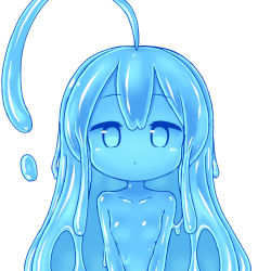 Rule 34 | 1girl, ahoge, blue eyes, blue hair, blue sclera, blue skin, blue theme, breasts, colored sclera, colored skin, curss, huge ahoge, long hair, looking at viewer, monster girl, nude, original, simple background, slime girl, small breasts, solo, upper body, white background