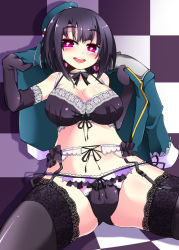 Rule 34 | 10s, 1girl, black bra, black gloves, black hair, black panties, black thighhighs, blush, bra, breasts, cleavage, earrings, elbow gloves, front-tie top, garter belt, garter straps, gin (shioyude), gloves, hat, heart, heart-shaped lock, heart-shaped pupils, heart earrings, jewelry, kantai collection, lace, lace-trimmed legwear, lace trim, large breasts, looking at viewer, navel, open mouth, panties, red eyes, short hair, side-tie panties, solo, symbol-shaped pupils, takao (kancolle), thighhighs, underwear, underwear only