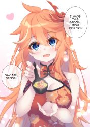 Rule 34 | 1girl, :d, ahoge, alternate costume, alternate hairstyle, blue eyes, breasts, china dress, chinese clothes, cleavage, commentary, dress, english commentary, english text, feeding, genderswap, genderswap (mtf), genshin impact, hair between eyes, head tilt, heart, holding, holding spoon, kitsuneco, long hair, looking at viewer, mask, mask on head, open mouth, orange hair, reaching, reaching towards viewer, sidelocks, sleeveless, sleeveless dress, smile, solo, spoon, tartaglia (genshin impact), white background