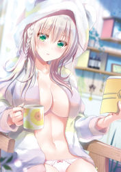 Rule 34 | 1girl, book, braid, breasts, cup, green eyes, highres, holding, holding book, holding cup, hood, large breasts, looking at viewer, open clothes, original, panties, side braid, sitting, suzui narumi, underwear, white hair