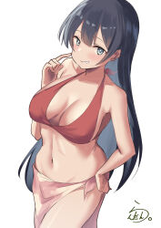 Rule 34 | 1girl, absurdres, agano (kancolle), artist logo, bare shoulders, bikini, black hair, blush, breasts, cleavage, collarbone, cowboy shot, green eyes, highres, kantai collection, lanthan, large breasts, long hair, looking at viewer, navel, one-hour drawing challenge, red bikini, red sarong, sarong, simple background, smile, solo, swimsuit, white background