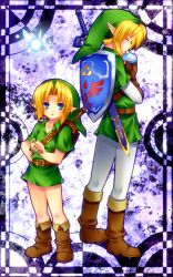 Rule 34 | 2boys, bad id, bad pixiv id, belt, blonde hair, boots, dual persona, earrings, fingerless gloves, gloves, green eyes, hat, hylian shield, instrument, jewelry, link, male focus, minatosaiga, multiple boys, nintendo, ocarina, shield, shield on back, short hair, sword, the legend of zelda, weapon, young link