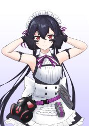 Rule 34 | 1girl, absurdres, apron, arm strap, armpits, arms up, bad id, bad pixiv id, bare shoulders, belt pouch, black dress, black gloves, black hair, bow, bowtie, buckle, counter:side, dress, frills, gas mask, gloves, gradient background, hair between eyes, highres, kjg003, lily (counter:side), long hair, looking at viewer, low twintails, maid, maid apron, maid headdress, mask, pointing, pointing down, pouch, red eyes, sleeveless, sleeveless dress, smile, snap-fit buckle, solo, strap, twintails, upper body, waist apron, wing collar