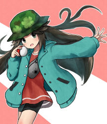 Rule 34 | 1girl, absurdres, bike shorts, brown hair, buttons, camouflage, camouflage headwear, coat, commentary request, creatures (company), floating hair, game freak, green coat, green hat, hand up, hat, highres, holding, holding poke ball, leaf (pokemon), leaf (sygna suit) (pokemon), long hair, long sleeves, looking at viewer, nintendo, official alternate costume, outstretched arm, poke ball, poke ball (basic), pokemon, pokemon masters ex, solo, spread fingers, yukinano