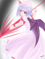 Rule 34 | 1girl, amicis, bat wings, blue hair, dress, female focus, gradient background, hat, highres, red eyes, remilia scarlet, solo, touhou, white background, wings