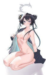 Rule 34 | 1girl, absurdres, black hair, blue archive, breasts, butterfly hair ornament, chinoryuu, collarbone, double bun, hair bun, hair ornament, halo, highres, jacket, kisaki (blue archive), long hair, looking at viewer, navel, pinstripe pattern, small breasts, solo, striped clothes, striped jacket, thighs, twintails, vertical-striped clothes, vertical-striped jacket, white background