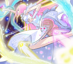 Rule 34 | 10s, 1girl, arm up, ass, clenched hand, clenched hands, colorful, dress, closed eyes, from below, giant, giantess, gloves, haruyama kazunori, heart, heartcatch precure!, light particles, light rays, long hair, long skirt, panties, pantyshot, petticoat, pink hair, pink panties, precure, precure heartcatch orchestra, punching, raised fist, single glove, skirt, solo, underwear, upskirt, white dress, white gloves