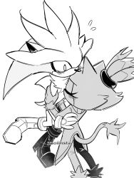 Rule 34 | 1boy, 1girl, blaze the cat, blush, carrying, carrying person, closed eyes, gloves, greyscale, hetero, highres, kiss, monochrome, silver the hedgehog, simple background, sketch, sonic (series), tail, white background, zaoiinsta