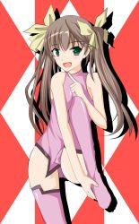 Rule 34 | 10s, 1girl, :d, bare shoulders, between breasts, blush, bodysuit, boots, breasts, brown hair, fang, green eyes, grey hair, hair ribbon, halterneck, highres, holding with feet, huang lingyin, index finger raised, infinite stratos, knees to chest, leg lift, leg up, legs, leotard, long hair, long legs, looking at viewer, mozya, open mouth, pilot suit, pink footwear, plantar flexion, purple thighhighs, ribbon, shadow, small breasts, smile, solo, swimsuit, thighhighs, thighs, turtleneck, twintails, very long hair