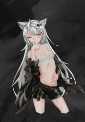 Rule 34 | 1girl, animal ear fluff, animal ears, arknights, bandeau, bare shoulders, black background, black jacket, black shorts, breasts, cleavage, commentary, cowboy shot, cropped legs, danding, grey eyes, hair ornament, hairclip, hand on own stomach, hand up, jacket, lappland (arknights), long hair, long sleeves, looking at viewer, medium breasts, midriff, navel, off shoulder, one eye closed, open clothes, open jacket, scar, scar across eye, scar on face, short shorts, shorts, silver hair, solo, standing, stomach, strapless, thighs, tube top, very long hair, wolf ears