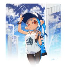 Rule 34 | 1girl, black pantyhose, blue hair, blue hat, blue sky, border, bracelet, breasts, building, candy, city, cityscape, cloud, cloudy sky, food, hand on headwear, hat, highres, ink tank (splatoon), inkling player character, jewelry, lollipop, looking at viewer, looking down, medium breasts, medium hair, nintendo, octoling, octoling girl, octoling player character, orange eyes, outdoors, pantyhose, pointy ears, shirt, sky, skyscraper, solo, splatoon (series), standing, sweat, sweatdrop, tank top, upper body, v, white border, white shirt, yu-ri (arium047)