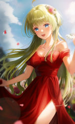 Rule 34 | 1girl, :d, ahoge, blue eyes, blue sky, blunt bangs, blurry, blurry background, blush, breasts, cleavage, cloud, collarbone, cowboy shot, day, dress, floating hair, flower, green hair, hair flower, hair ornament, highres, hini ni, holding, holding flower, idolmaster, idolmaster million live!, lens flare, long hair, looking at viewer, medium breasts, off-shoulder dress, off shoulder, open mouth, outdoors, petals, pink flower, red dress, shimabara elena, side slit, skirt hold, sky, smile, solo, standing, very long hair, white flower