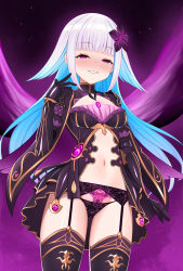 Rule 34 | 1girl, arm at side, blue hair, breasts, clothing cutout, colored inner hair, corruption, cowboy shot, dark persona, dress, garter belt, glowing tattoo, half-closed eyes, hand up, highres, light blush, lize helesta, long hair, looking at viewer, multicolored hair, navel, navel cutout, nijisanji, open mouth, paid reward available, panties, pubic tattoo, purple eyes, purple panties, small breasts, solo, tattoo, thighhighs, two-tone hair, underwear, virtual youtuber, white hair, yukamikayu
