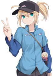Rule 34 | 1girl, ahoge, artoria pendragon (fate), bag, bag charm, baseball cap, black-framed eyewear, black hat, blonde hair, character charm, character doll, charm (object), coat, collared shirt, cross (crossryou), doll, duffel coat, fate/grand order, fate (series), fringe trim, fumo (doll), glasses, green eyes, hair through headwear, hat, highres, long hair, long sleeves, looking at viewer, mysterious heroine x (fate), open clothes, open coat, plaid, plaid scarf, ponytail, red scarf, scarf, semi-rimless eyewear, shirt, shoulder bag, smile, solo, under-rim eyewear, upper body, v