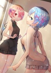 Rule 34 | 10s, 2girls, arm at side, ass, back, backless outfit, bad id, bad pixiv id, bare back, bare shoulders, bedroom, blue eyes, blue hair, blush, breasts, butt crack, cowboy shot, dress, dutch angle, eyes visible through hair, from behind, goyain, hair ornament, halterneck, highres, indoors, leaning forward, looking at viewer, looking back, medium breasts, meme attire, multiple girls, naked sweater, parted lips, pink eyes, pink hair, ram (re:zero), re:zero kara hajimeru isekai seikatsu, red eyes, rem (re:zero), ribbed sweater, short hair, siblings, sideboob, sisters, small breasts, smile, sweater, sweater dress, thighs, turtleneck, turtleneck sweater, twins, virgin killer sweater