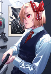 Rule 34 | 1girl, adapted costume, black vest, blonde hair, bow, cigarette, circled 9, collared shirt, commentary request, cross, gun, hair bow, handgun, highres, indoors, long sleeves, magazine (weapon), mikazato, necktie, pointy ears, red button, red eyes, red necktie, rumia, shirt, short hair, smoking, solo, symbol-shaped pupils, touhou, vest, weapon, white shirt