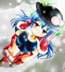 Rule 34 | 1girl, alternate breast size, bell, blue hair, blush, boots, box, breasts, capelet, cleavage, earmuffs, elbow gloves, food, fruit, gift, gift box, gloves, hat, hinanawi tenshi, honda takaharu, huge breasts, jingle bell, long hair, peach, red eyes, red thighhighs, santa costume, school swimsuit, snow, snowing, solo, swimsuit, thighhighs, touhou