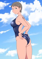Rule 34 | 1girl, adjusting clothes, adjusting swimsuit, ass, blue one-piece swimsuit, blue sky, brown eyes, brown hair, closed mouth, cloud, cloudy sky, commentary request, competition swimsuit, cowboy shot, day, freckles, from behind, frown, girls und panzer, highres, looking at viewer, looking back, naomi (girls und panzer), one-piece swimsuit, outdoors, short hair, sky, solo, standing, swimsuit, tanaka rikimaru, very short hair