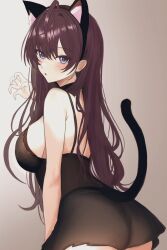 Rule 34 | 1girl, ahoge, animal ears, armandonnay, ass, black camisole, blush, breasts, brown hair, camisole, cat ears, cat tail, fake animal ears, gradient background, highres, ichinose shiki, idolmaster, idolmaster cinderella girls, large breasts, long hair, looking at viewer, looking back, paw pose, see-through camisole, sideboob, simple background, solo, tail, very long hair