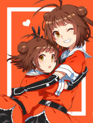 Rule 34 | 10s, 1girl, antenna hair, brown hair, double bun, dual persona, elbow gloves, gloves, grin, heart, hug, kantai collection, ko-on (ningen zoo), looking at viewer, naka (kancolle), open mouth, personification, short hair, smile, time paradox, v, wink, yellow eyes, aged down