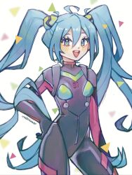 Rule 34 | 1girl, blue eyes, blue hair, blush, bodysuit, commentary, english commentary, hand on own hip, hatsune miku, highres, interface headset, long hair, looking at viewer, milktuart, neon genesis evangelion, open mouth, plugsuit, smile, solo, twintails, very long hair, vocaloid