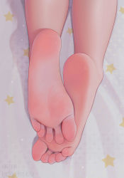 Rule 34 | 1girl, absurdres, artist name, barefoot, bed, bed sheet, close-up, feet, feet only, foot focus, highres, original, pixiv username, qizhu, shiny skin, soles, solo, star (symbol), sweat, toes