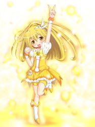 Rule 34 | 10s, 1girl, :d, arm up, blonde hair, blush, bow, cure peace, eyelashes, highres, kise yayoi, leg up, long hair, magical girl, open mouth, ponytail, precure, sakuraebi chima, shorts, shorts under skirt, skirt, smile, smile precure!, solo, standing, standing on one leg, v, wrist cuffs, yellow bow, yellow eyes, yellow shorts, yellow skirt, yellow theme