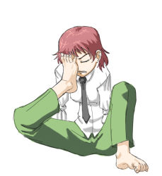 Rule 34 | 1girl, amputee, annoyed, armless amputee, barefoot, closed eyes, double amputee, facepalm, feet, flexible, full body, katawa shoujo, necktie, parody, pink hair, school uniform, short hair, simple background, solo, tezuka rin, toe scrunch, toes, tomboy, white background