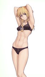 Rule 34 | 1girl, abs, armpits, arms behind head, arms up, black bra, black panties, blonde hair, bow, bra, braid, breasts, hair bow, hair ribbon, hater (hatater), highres, kirisame marisa, long hair, looking to the side, navel, nipples, panties, ribbon, see-through, side braid, simple background, single braid, small breasts, smile, solo, stomach, toned, touhou, tress ribbon, underwear, underwear only, white background, yellow eyes